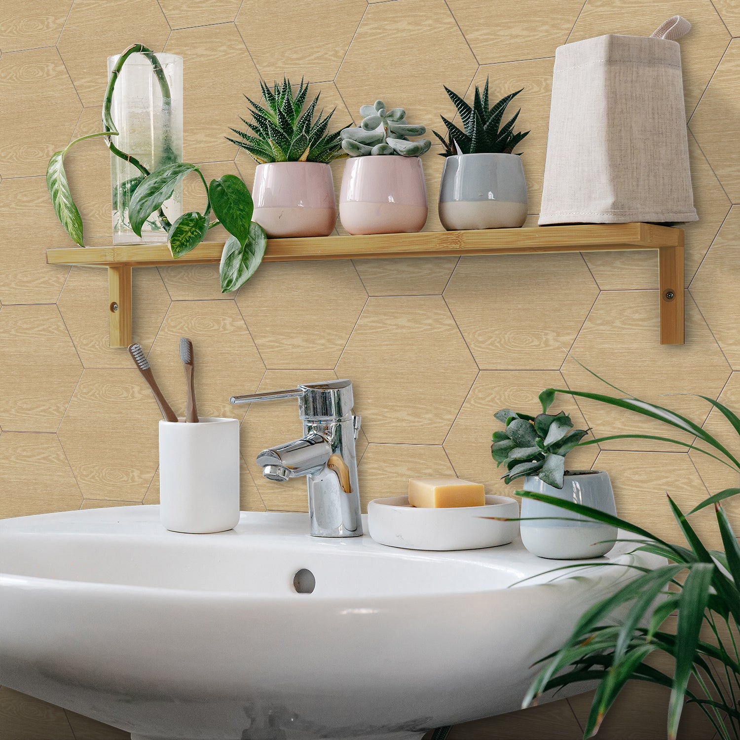 Creamy Light Oak Hexagonal Wood Wallpaper Peel and Stick for Bathroom Creamy Light Oak Hexagonal Wood Wallpaper Peel and Stick for Bathroom