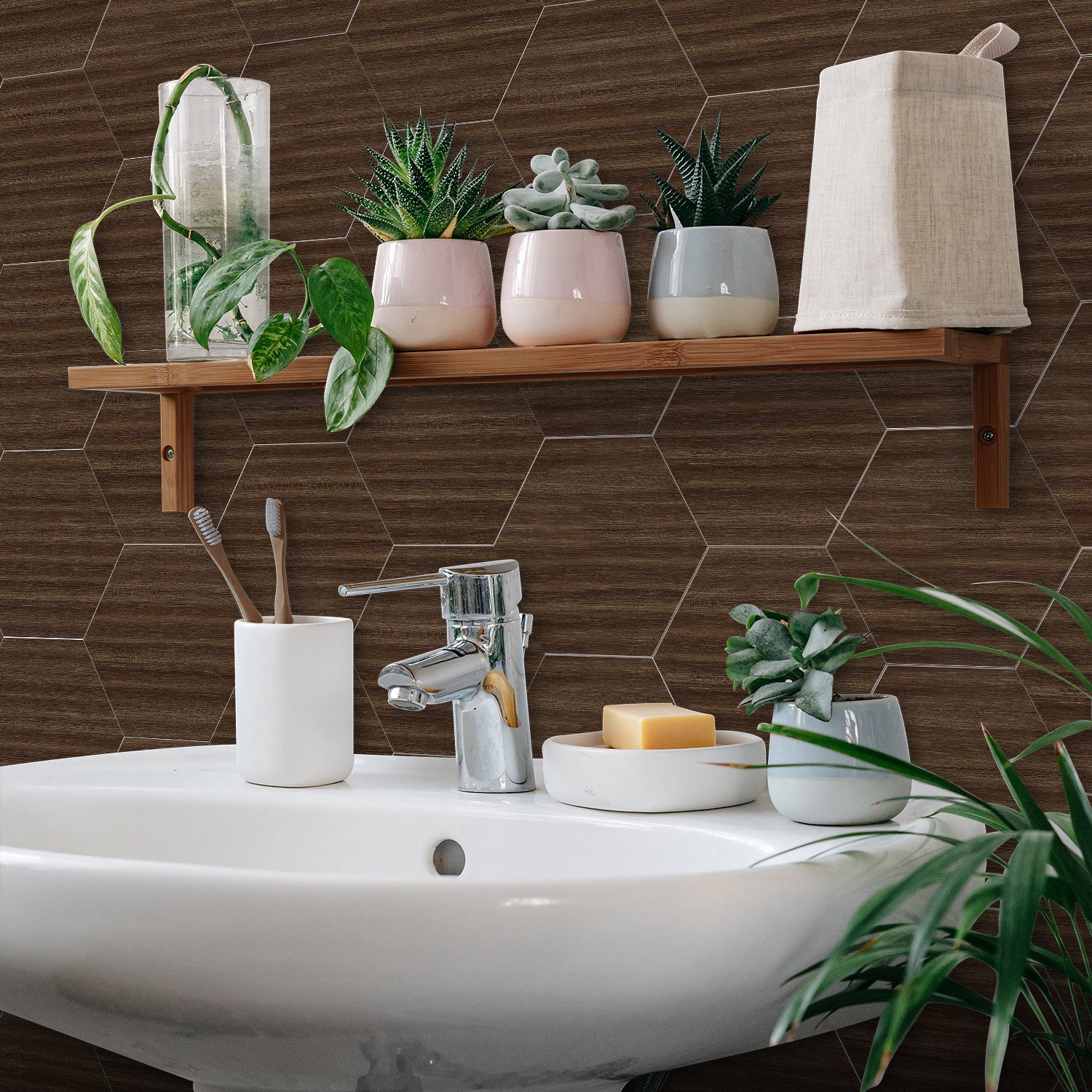 Chocolate Oak Hexagonal Foam Wood Wallpaper for Bathroom Chocolate Oak Hexagonal Foam Wood Wallpaper for Bathroom