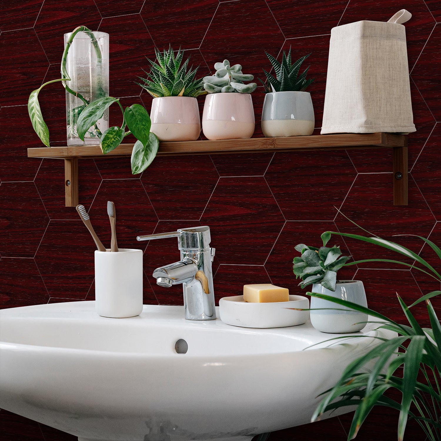 Deep Red Mahogany Hexagonal Wood Looking Wallpaper for Bathroom Deep Red Mahogany Hexagonal Wood Looking Wallpaper for Bathroom