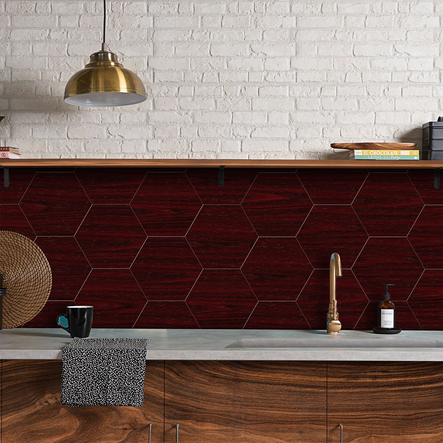 Deep Red Mahogany Hexagonal Wood Looking Wallpaper for Kitchen damper Deep Red Mahogany Hexagonal Wood Looking Wallpaper for Kitchen damper