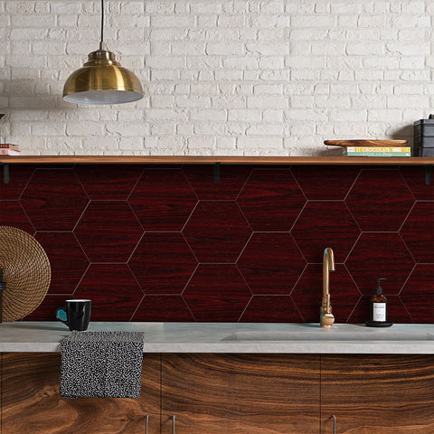 Deep Red Mahogany Hexagonal Wood Looking Wallpaper for Kitchen damper Deep Red Mahogany Hexagonal Wood Looking Wallpaper for Kitchen damper