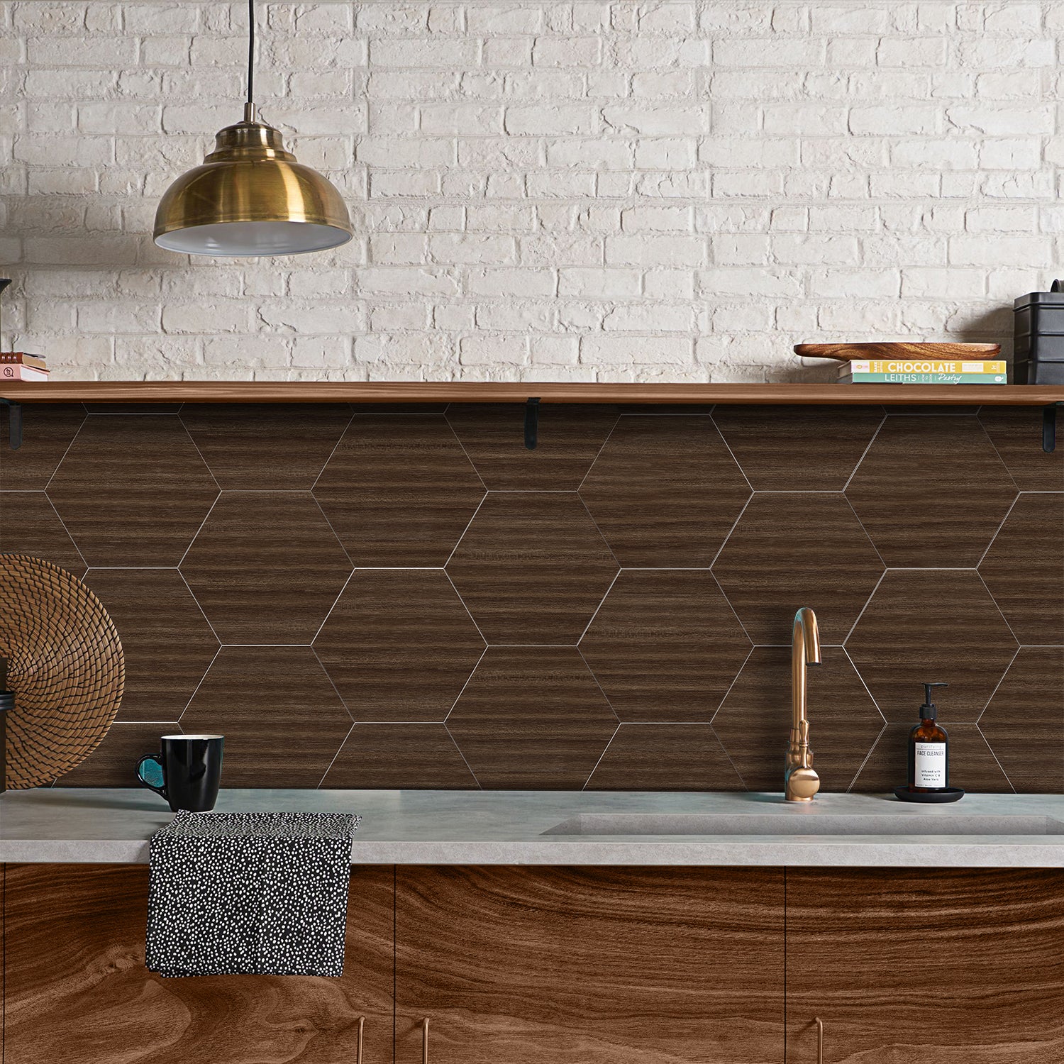 Chocolate Oak Hexagonal Foam Wood Wallpaper Splashback Chocolate Oak Hexagonal Foam Wood Wallpaper Splashback