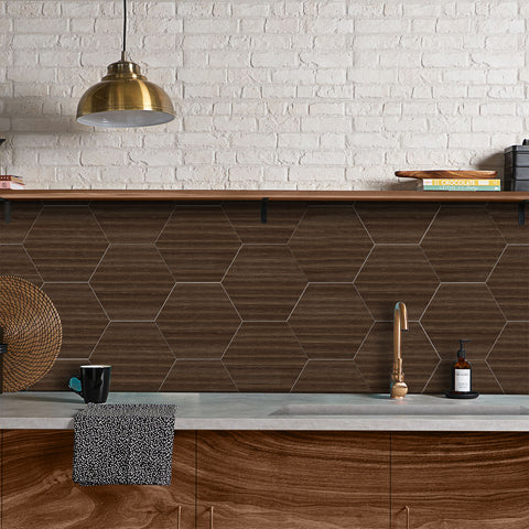 Chocolate Oak Hexagonal Foam Wood Wallpaper Splashback Chocolate Oak Hexagonal Foam Wood Wallpaper Splashback
