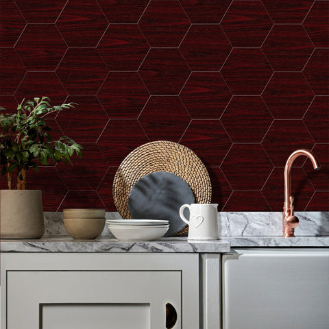 Waterproof Deep Red Mahogany Hexagonal Wood Looking Wallpaper Waterproof Deep Red Mahogany Hexagonal Wood Looking Wallpaper