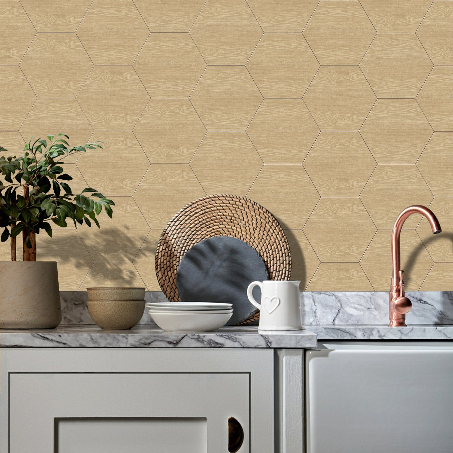 Waterproof Creamy Light Oak Hexagonal Wood Wallpaper Peel and Stick Waterproof Creamy Light Oak Hexagonal Wood Wallpaper Peel and Stick