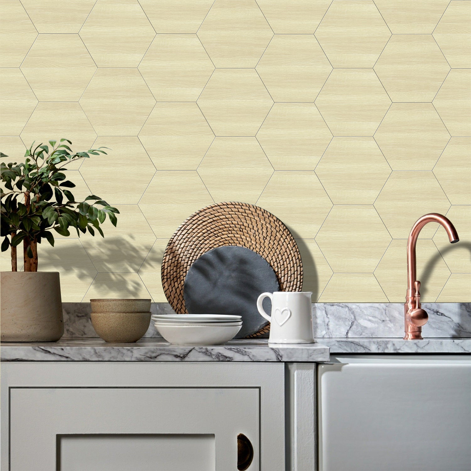 Waterproof Pale Cream Oak Hexagonal Wood Peel and Stick Wallpaper Waterproof Pale Cream Oak Hexagonal Wood Peel and Stick Wallpaper