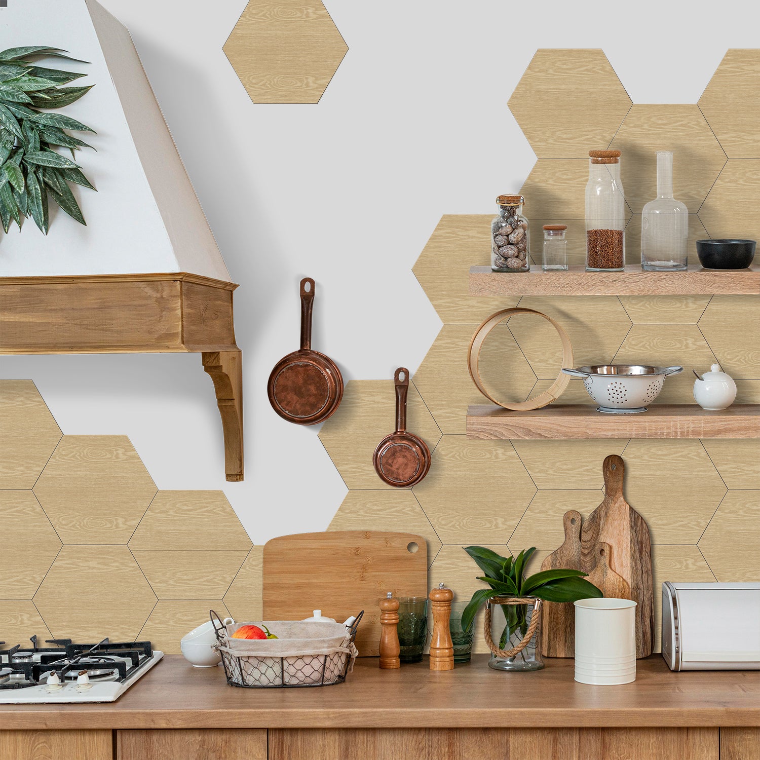 Creamy Light Oak Hexagonal Wood Wallpaper Peel and Stick for Kitchen Remodeling Creamy Light Oak Hexagonal Wood Wallpaper Peel and Stick for Kitchen Remodeling