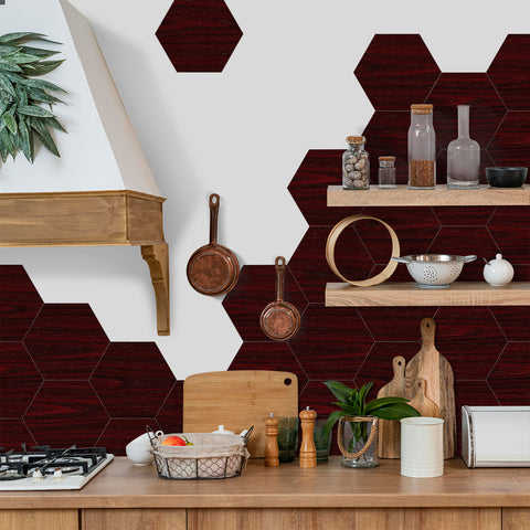 Deep Red Mahogany Hexagonal Wood Looking Wallpaper for Kitchen Remodeling Deep Red Mahogany Hexagonal Wood Looking Wallpaper for Kitchen Remodeling