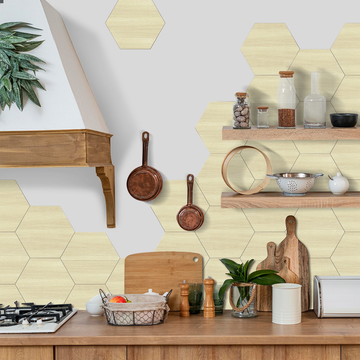 Pale Cream Oak Hexagonal Wooden Wallpaper for Kitchen Remodeling Pale Cream Oak Hexagonal Wooden Wallpaper for Kitchen Remodeling