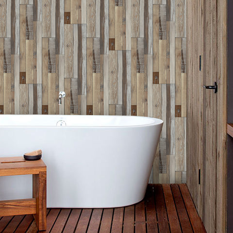 Gray and Beige Wallpaper on Wood Paneling for Bathroom Gray and Beige Wallpaper on Wood Paneling for Bathroom