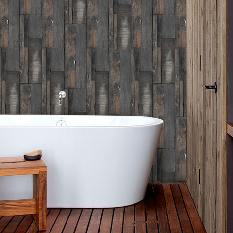 Waterproof Industrial Gray and Brown Wood Effect Wallpaper for Bathroom Waterproof Industrial Gray and Brown Wood Effect Wallpaper for Bathroom