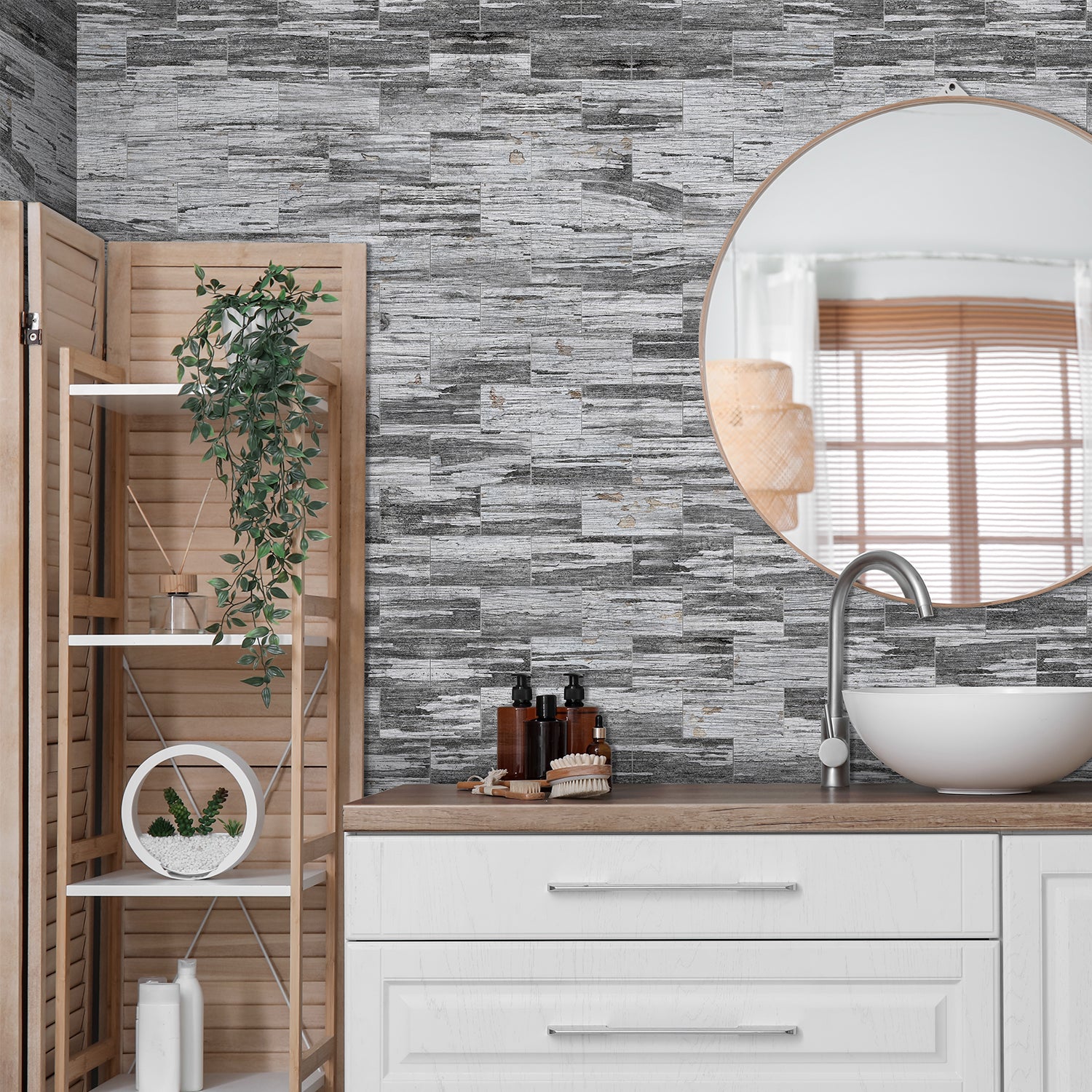 Gray Wood Effect PET Foam Wallpaper for Bathroom Gray Wood Effect PET Foam Wallpaper for Bathroom