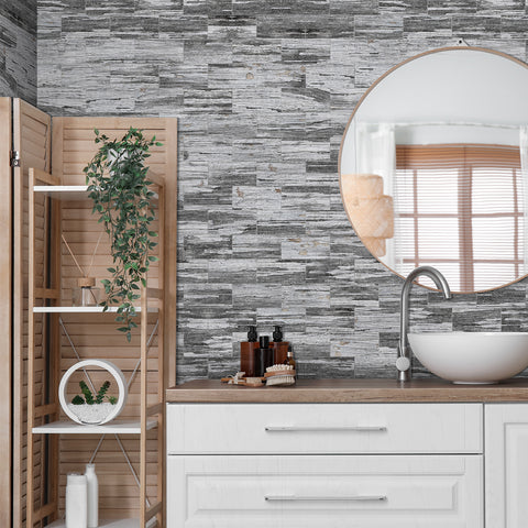 Gray Wood Effect PET Foam Wallpaper for Bathroom Gray Wood Effect PET Foam Wallpaper for Bathroom