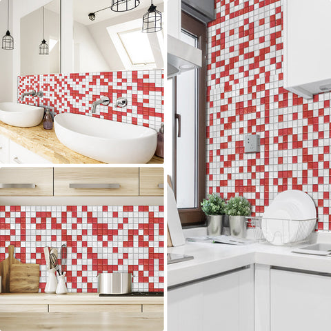 Red and White Stone Wallpaper Stonelike Mosaic Wall Tiles Sticker Stoner Peel and Stick Passion