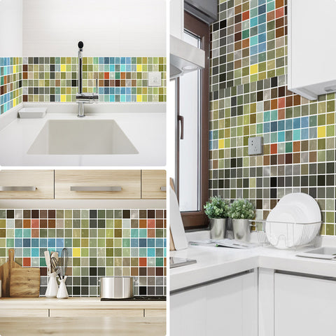 Green and Grey Stone Wallpaper Stonelike Mosaic Wall Tiles Sticker Multicolor Peel and Stick