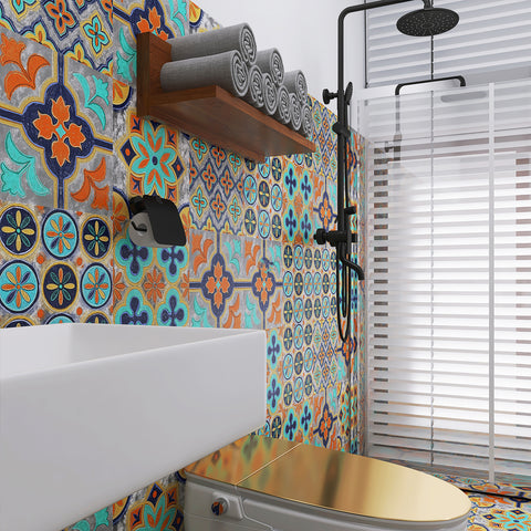 Vibrant orange and blue: the fashionable rhythm of tile stickers