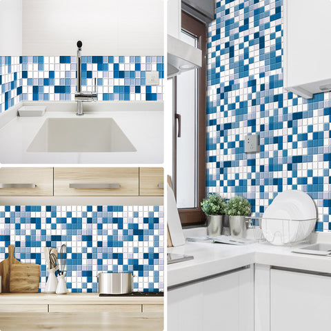 Light Blue Stone Wallpaper Stonelike Mosaic Wall Tiles Sticker Multicolor Peel and Stick