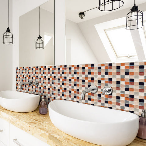 Rustic Orange and Black Stone Wallpaper Stonelike Mosaic Wall Tiles Sticker Peel and Stick