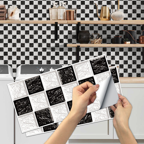 Black and White Peel and Stick Marble Texture Floor Tiles Stickers Modern Elegant