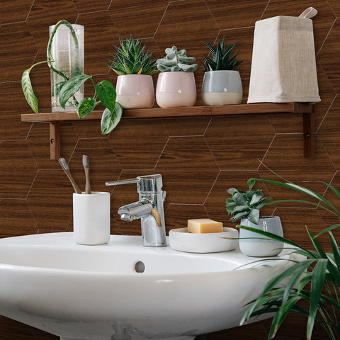 Brown Walnut Hexagonal Peel and Stick Wood Wallpaper for Bathroom