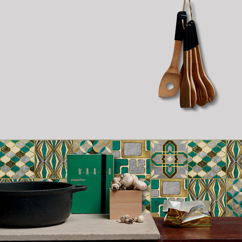 Fashionable gold and green tone: the modern art style of tile stickers