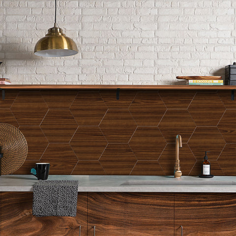 Brown Walnut Hexagonal Peel and Stick Wood Wallpaper for Kitchen damper