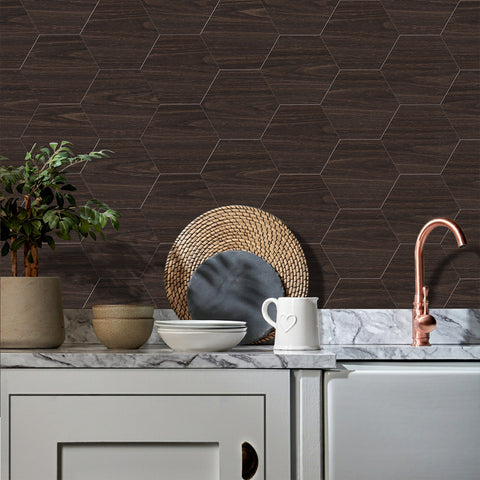 Dark Espresso Wood Hexagonal Foam Porcelain Tile Stickers