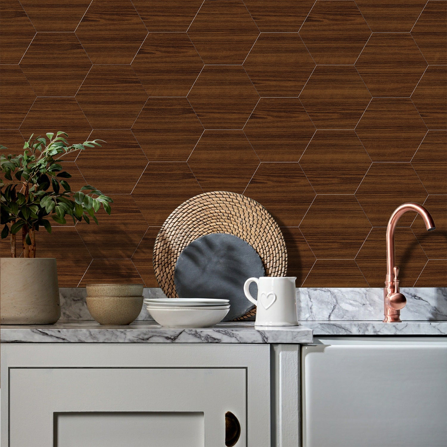Waterproof Brown Walnut Hexagonal Peel and Stick Wood Wallpaper