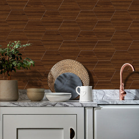 Waterproof Brown Walnut Hexagonal Peel and Stick Wood Wallpaper