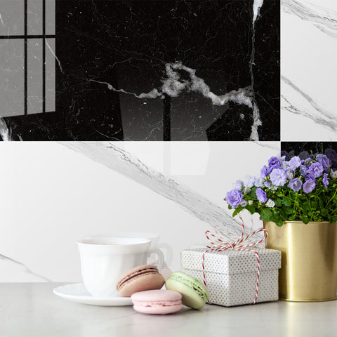 Black and White Peel and Stick Marble Floor Tile Mirror Like Easy Installation Environmentally Friendly