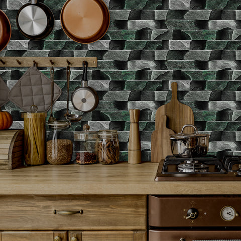 Greyish Green Simulates 3D Stone Texture Wallpaper Rustic Tiles Stickers