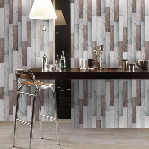 Textured Light Blue and Brown Wood Effect Wallpaper for Living Spaces