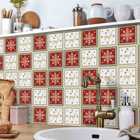 Festive Red and White Tiles Creative tile stickers