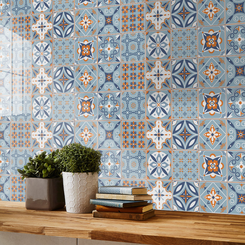 Fresh blue and orange: the fashionable and simple style of tile stickers