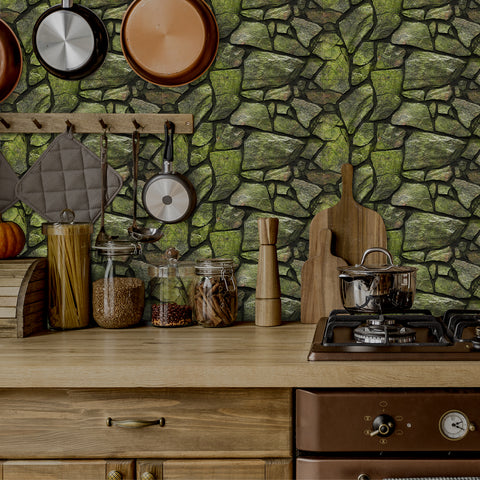 Dark Green Simulates 3D Stone Texture Wallpaper Nature Tiles Stickers