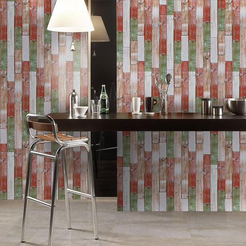 Charming Red and Green Wood Grain Wallpaper for Cozy Interiors