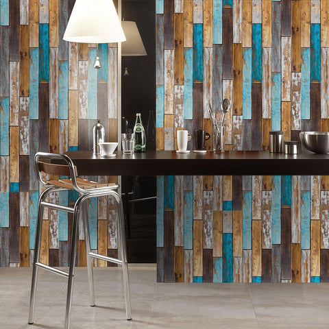 Blue and Brown Rustic Wood Wallpaper for Coastal Homes