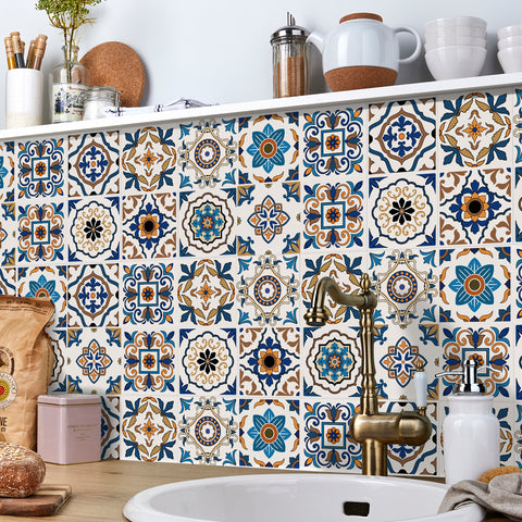 Blue-brown retro tile stickers: reproduce the charm of classic art