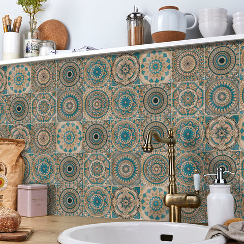 Blue-brown mandala tile stickers: a perfect fusion of retro and art