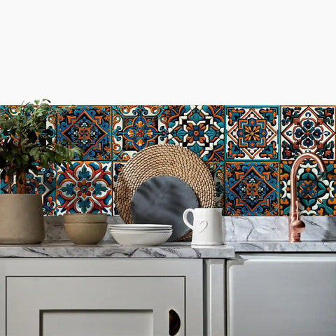 Retro blue and orange: the exotic style of tile stickers