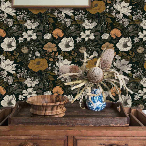 floral wallpaper dark on wall