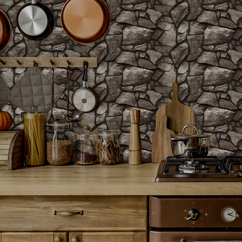 irregular 3d dark grey stone look wallpaper with wood element