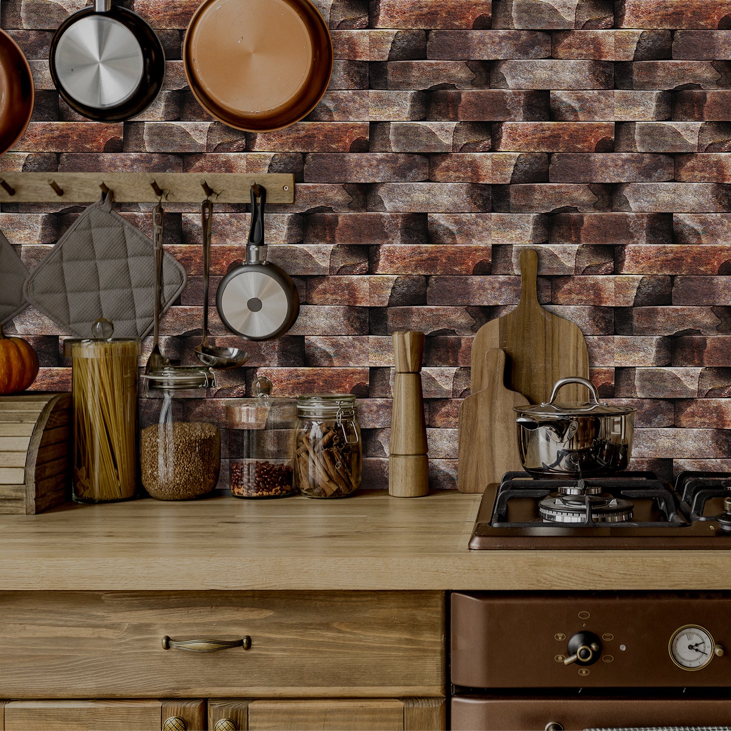 3d stone look wallpaper with wood element