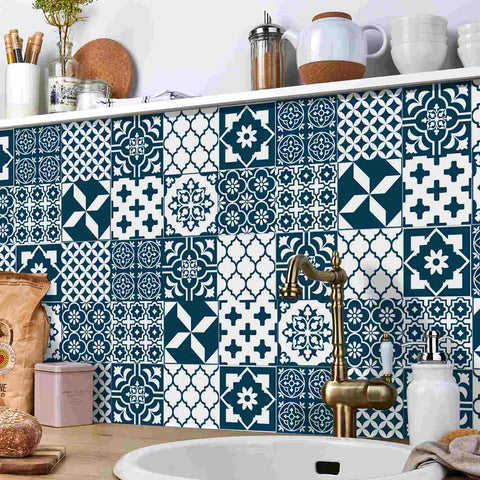 Blue and White Geometric Tiles Creative tile stickers