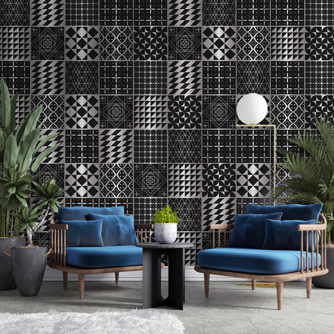 Black and silver classic: simple tile stickers with white patterns