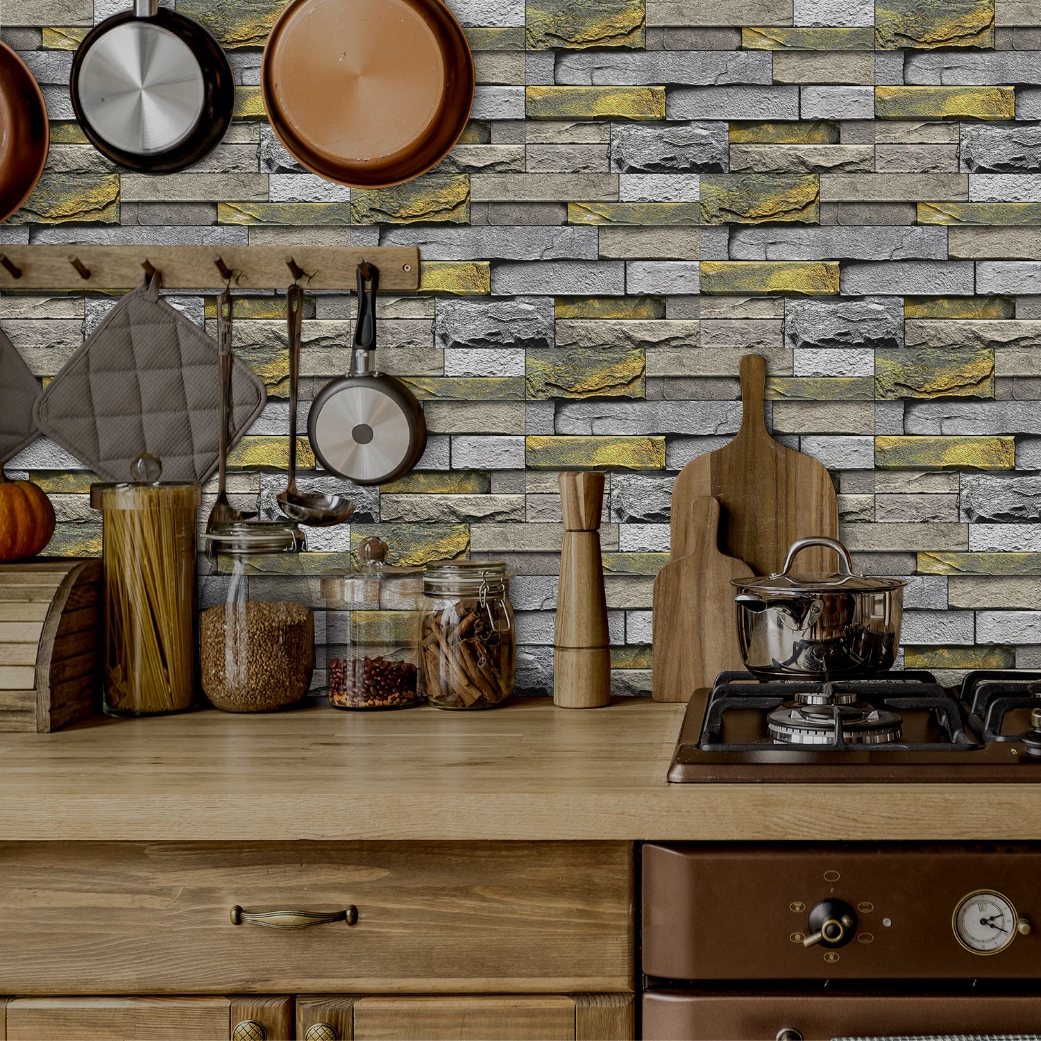 stone wallpaper with wood element