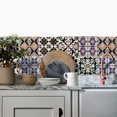 Artistic floral tile stickers make the space bloom with elegance