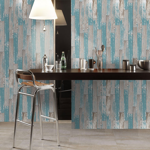 Distressed Blue and Gray Wood Plank Wallpaper for Coastal Decor