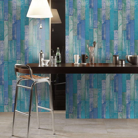 Contemporary Striped Wood Grain Wallpaper in Ocean Tones