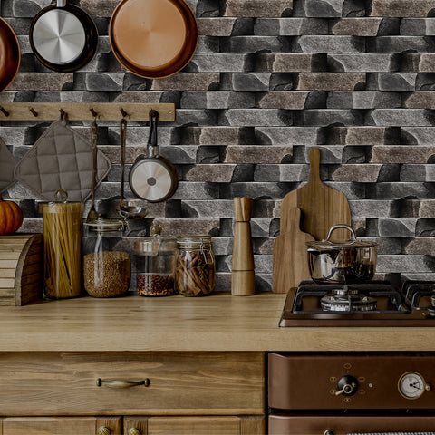 3d stone look wallpaper with wood element